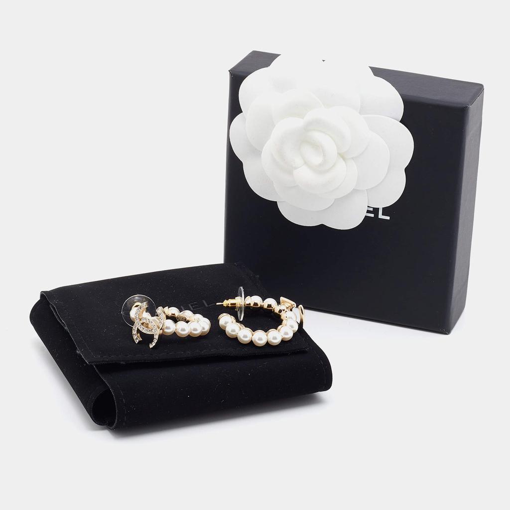 商品[二手商品] Chanel|Chanel Faux Pearl & Crystal CC No 5 Hoop Earrings,价格¥5209,第7张图片详细描述