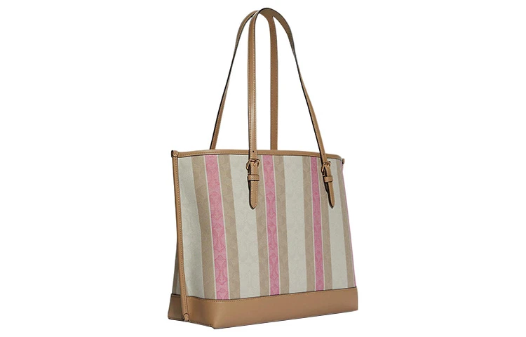 商品[国内直发] Coach|蔻驰 Mollie 33 提花条纹拼色大容量 织物配皮条 托特包Tote包购物袋单肩斜挎手提包 大号 女款 棕色拼多色条纹,价格¥2372,第3张图片详细描述