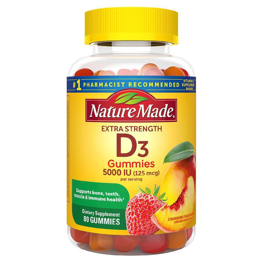 商品Nature Made|Extra Strength Vitamin D3 5000 IU (125 mcg) Gummies Strawberry, Peach, Mango,价格¥151,第1张图片