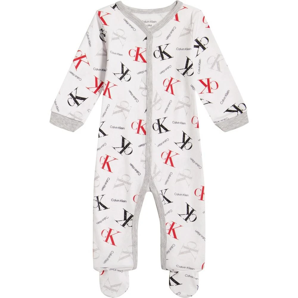 商品Calvin Klein|Baby Boys Monogram Print Snap Closure Footed Coverall,价格¥94,第1张图片
