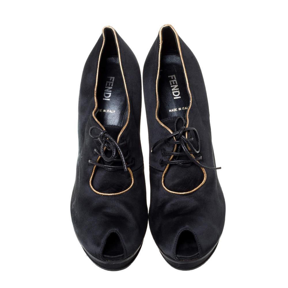 商品[二手商品] Fendi|Fendi Black Satin Platform Peep Toe Lace Up Ankle Booties Size 37,价格¥1252,第5张图片详细描述