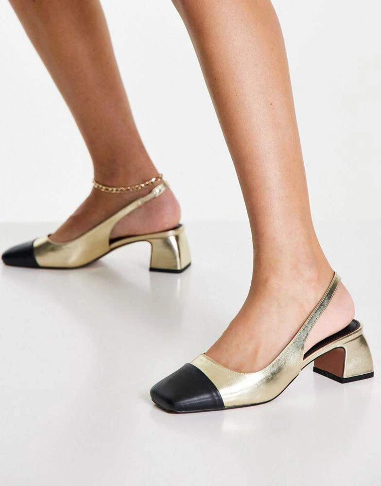 商品ASOS|ASOS DESIGN Sally toe cap slingback block heeled shoes in gold,价格¥146,第4张图片详细描述