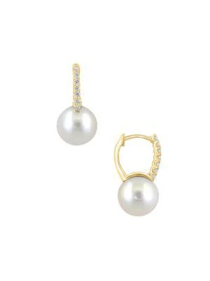 商品Effy|14K Yellow Gold, 9.5MM Freshwater Pearl & Diamond Drop Earrings,价格¥5041,第2张图片详细描述