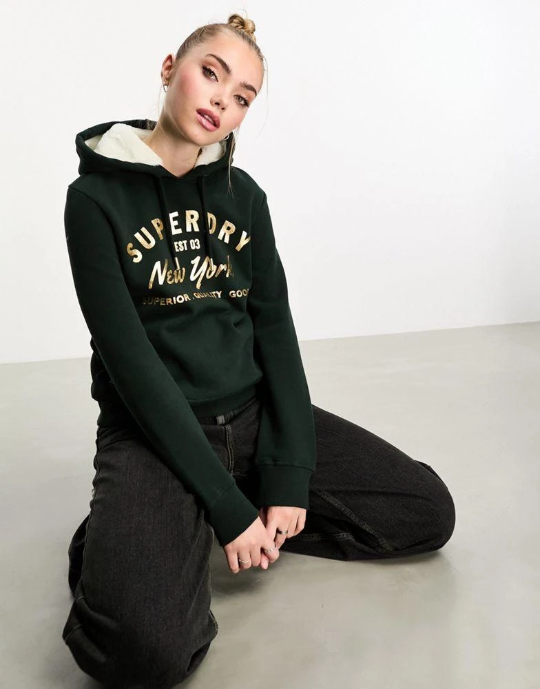 商品Superdry|Superdry luxe metallic logo hoodie in Academy Dark Green,价格¥409,第1张图片