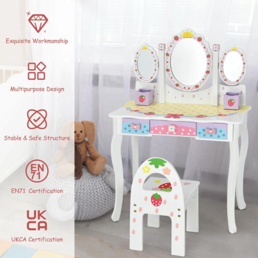 商品Hivvago|Kids Vanity Princess Makeup Dressing Table Chair Set with Tri-fold Mirror-White,价格¥1424,第2张图片详细描述