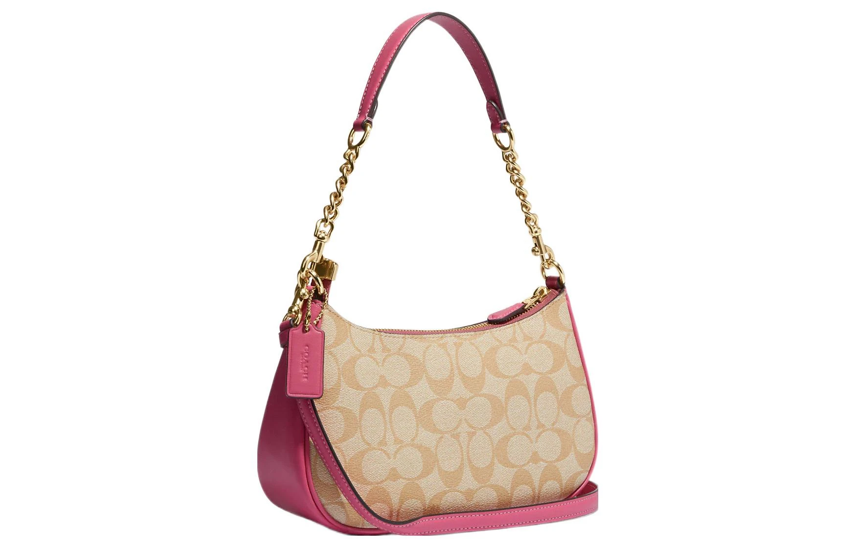 商品[国内直发] Coach|蔻驰 Teri 25 字母徽标经典老花拉链开合 帆布配皮 腋下包马鞍包单肩斜挎包 中号 女款 棕拼粉色,价格¥2361,第3张图片详细描述