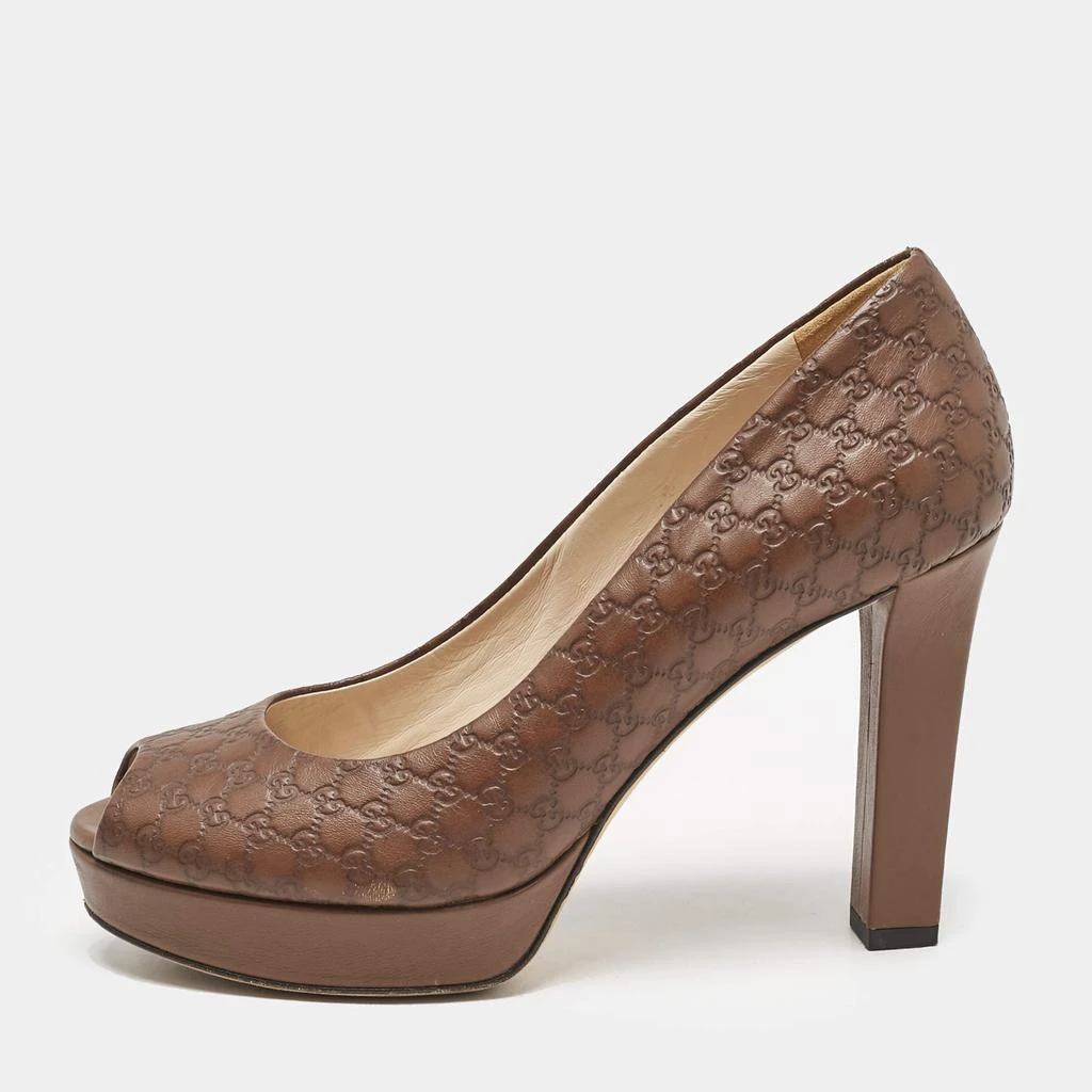 商品[二手商品] Gucci|Gucci Brown Monogram Leather Peep Toe Pumps Size 37.5,价格¥2821,第1张图片