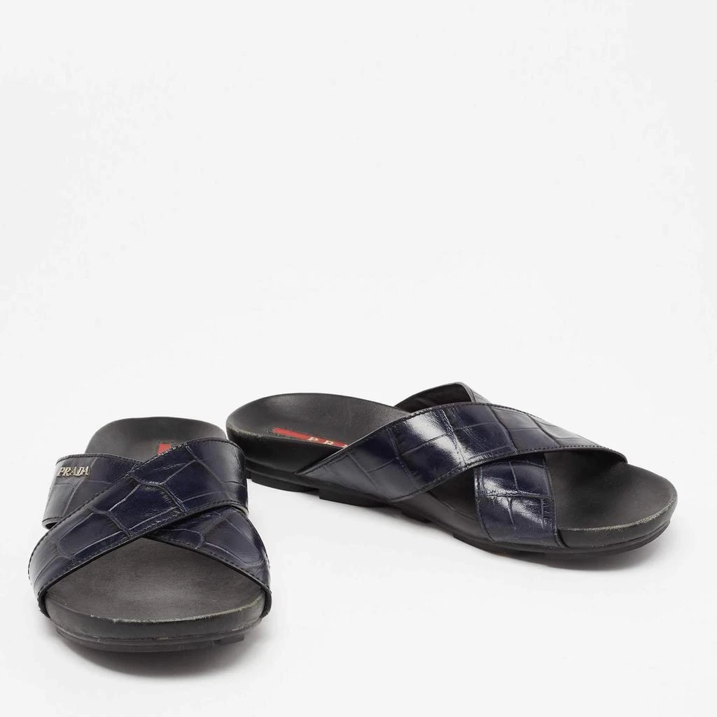 商品[二手商品] Prada|Prada Sport Navy Blue Croc Embossed Leather Flat Slide Sandals Size 39.5,价格¥1052,第4张图片详细描述