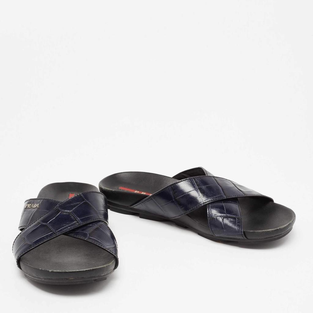 商品[二手商品] Prada|Prada Sport Navy Blue Croc Embossed Leather Flat Slide Sandals Size 39.5,价格¥2400,第6张图片详细描述