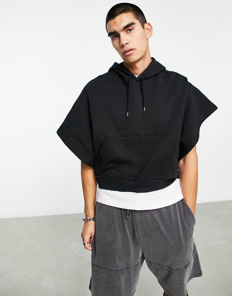 商品ASOS|ASOS DESIGN oversized cropped short sleeve hoodie in black with photographic back print,价格¥247,第4张图片详细描述