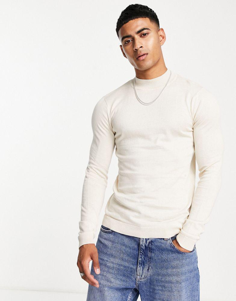 ASOS DESIGN knitted muscle fit turtle neck jumper in oatmeal商品第1张图片规格展示