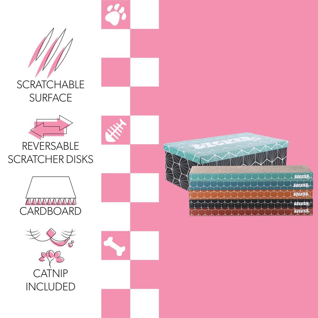 商品THE LICKER STORE|Naomi 17" Modern Cardboard Reversible Cat Scratcher Pad in Box with Catnip, Multi-Colored (5-Pack),价格¥379,第5张图片详细描述