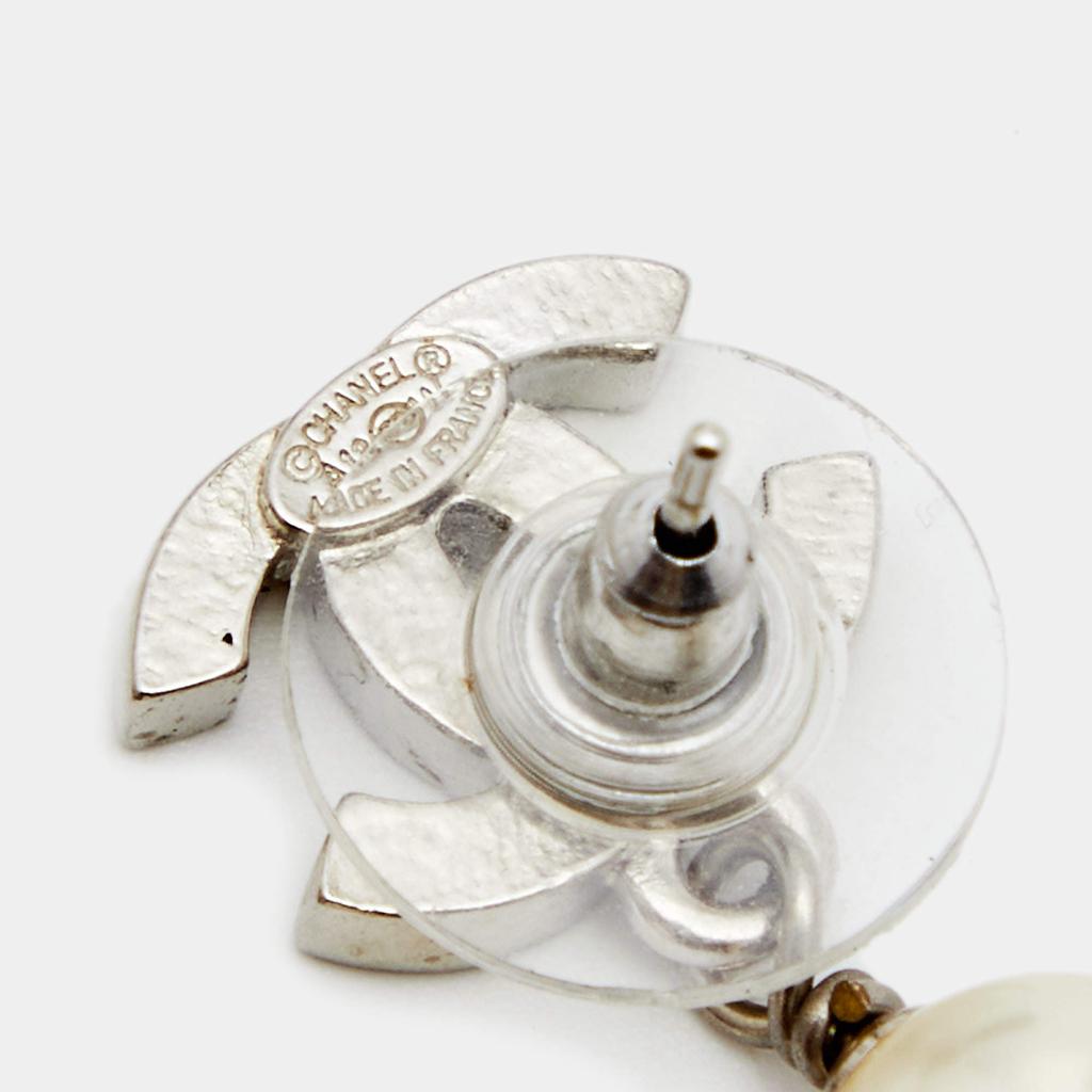 Chanel Silver Tone Quilt Patterned CC Pearl Drop Earrings商品第4张图片规格展示