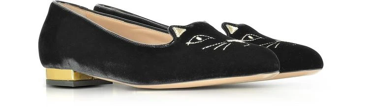 商品Charlotte Olympia|Charlotte Olympia Black Velvet Kitty 黑丝绒猫咪平底鞋,价格¥3201,第2张图片详细描述