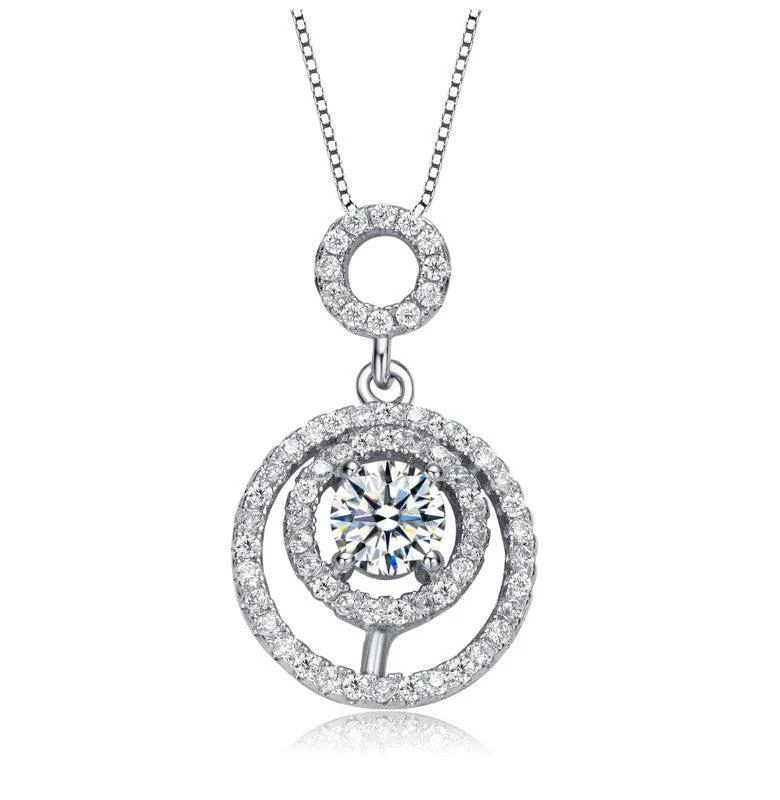 商品Rachel Glauber|White Gold Plated with Clear Cubic Zirconia with Double Halo Drop Solitaire Pendant Necklace,价格¥430,第1张图片