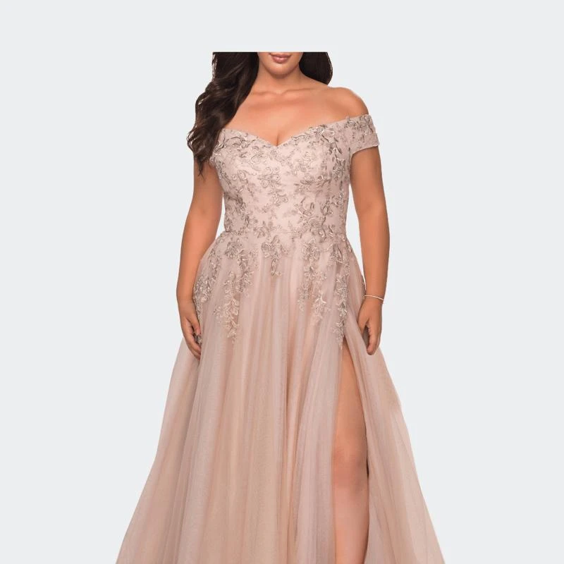 商品La Femme|Off The Shoulder Tulle Plus Size Gown with Lace,价格¥3847,第1张图片