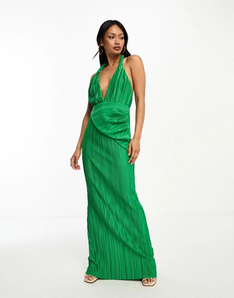 商品ASOS|ASOS DESIGN plunge halter cowl back plisse maxi dress in green,价格¥383,第4张图片详细描述
