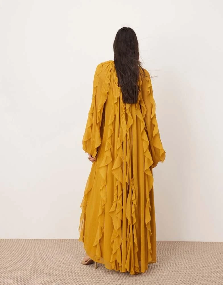 商品ASOS|ASOS EDITION chiffon raw edge ruffle maxi dress with balloon sleeve in mustard,价格¥1025,第4张图片详细描述