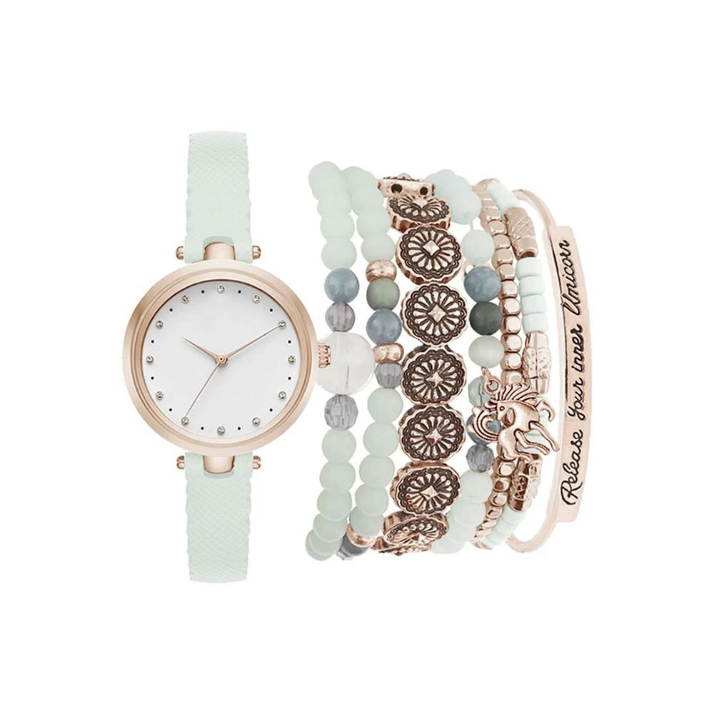 商品Jessica Carlyle|Women's Analog Mint Strap Watch 28mm with Rose Gold-Tone Stackable Bracelets Set,价格¥301,第1张图片