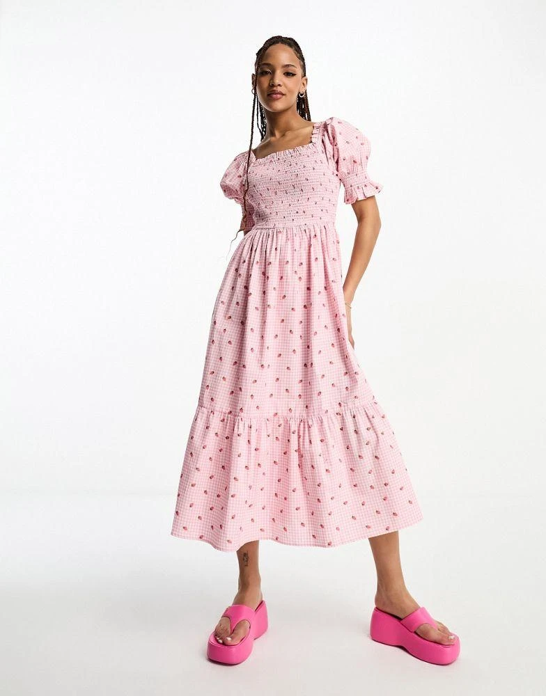 商品Influence|Influence cotton poplin gingham midi dress with strawberry embroidery in pink,价格¥264,第1张图片