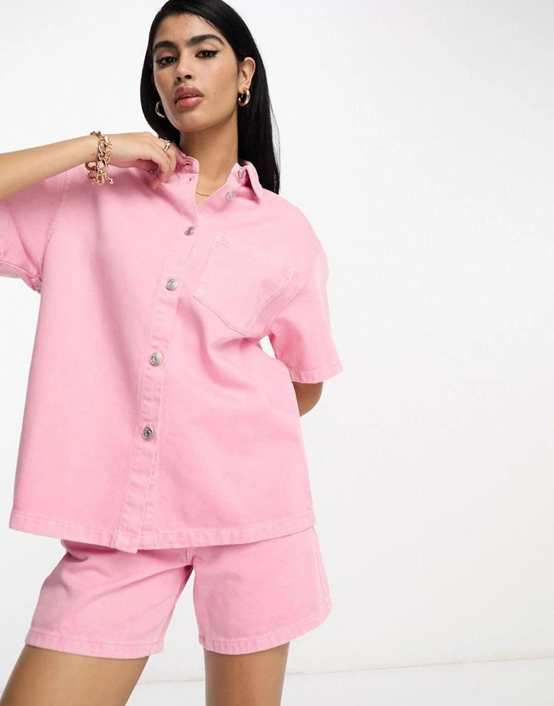 商品ASOS|ASOS DESIGN co-ord denim long line shirt in pink,价格¥213,第1张图片
