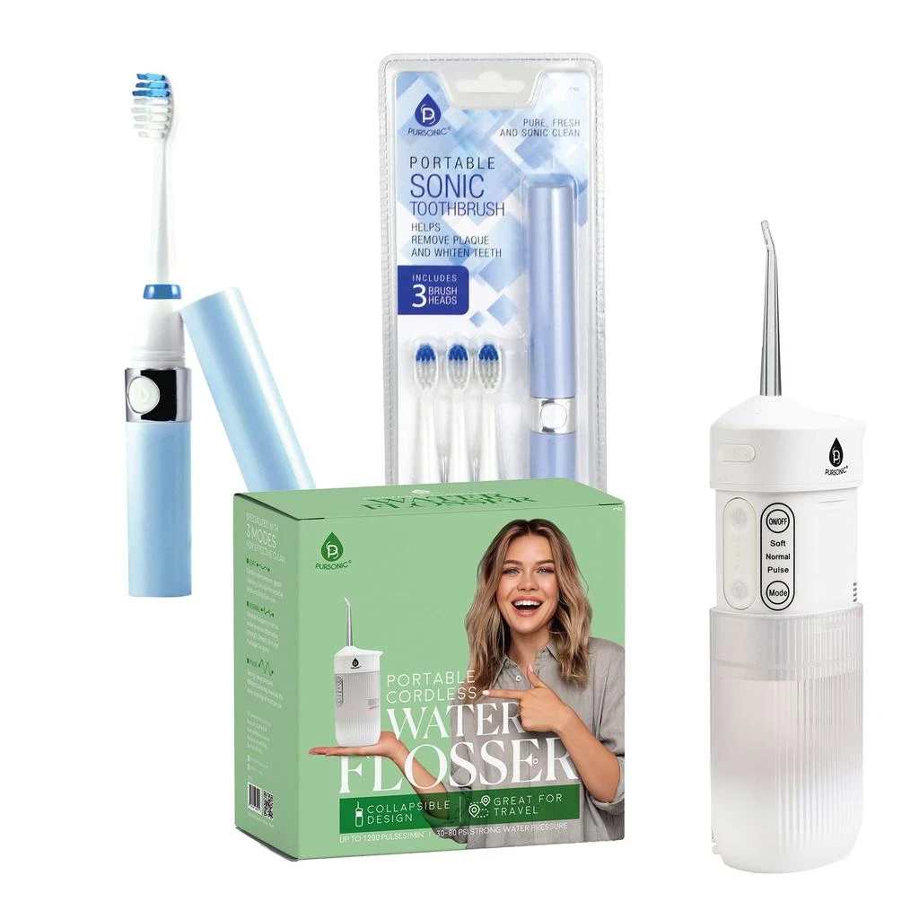 商品PURSONIC|Compact Travel Oral Care Bundle: Portable USB Rechargeable Collapsible Water Flosser and Pursonic Portable Sonic Toothbrush,价格¥575,第1张图片