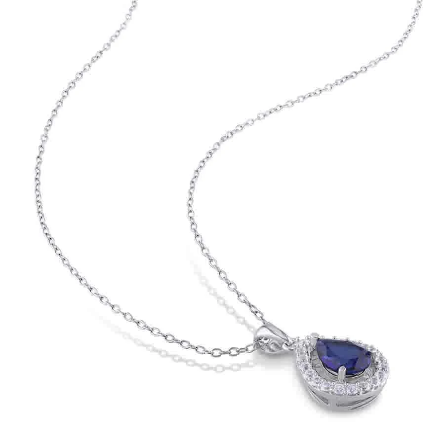 商品Amour|Created Blue and Created White Sapphire Teardrop Halo Pendant with Chain In Sterling Silver,价格¥349,第3张图片详细描述