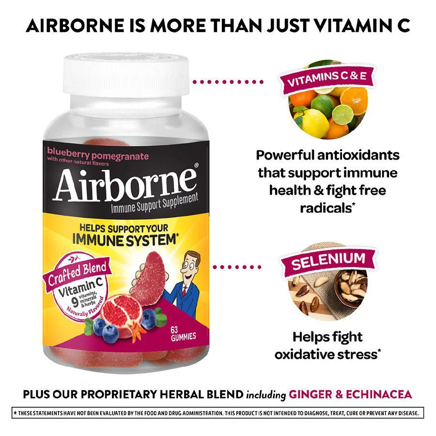 商品Airborne|Vitamin C, E, Zinc, Minerals & Herbs Immune Support Supplement Gummies Blueberry Pomegranate, 63 ct.,价格¥150,第2张图片详细描述