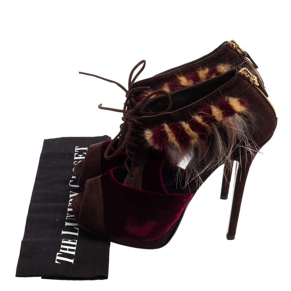 Fendi Burgundy/Brown Velvet, Suede and Fur Trim Lace-Up Peep-Toe Ankle Booties Size 40商品第8张图片规格展示