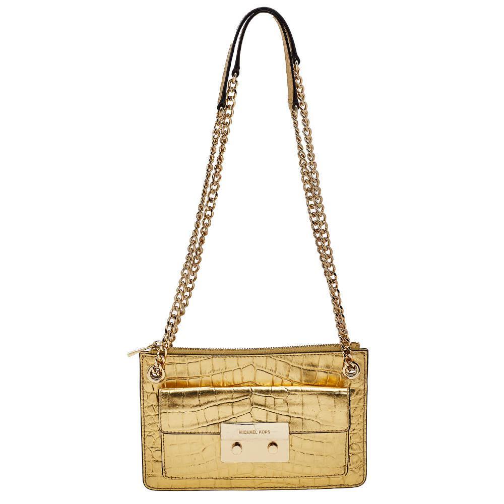 商品[二手商品] Michael Kors|MICHAEL Michael Kors Metallic Gold Croc Embossed Leather Sloan Shoulder Bag,价格¥810,第1张图片