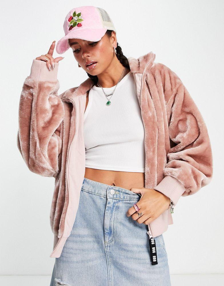 UGG Laken faux fur jacket in dusty pink商品第1张图片规格展示