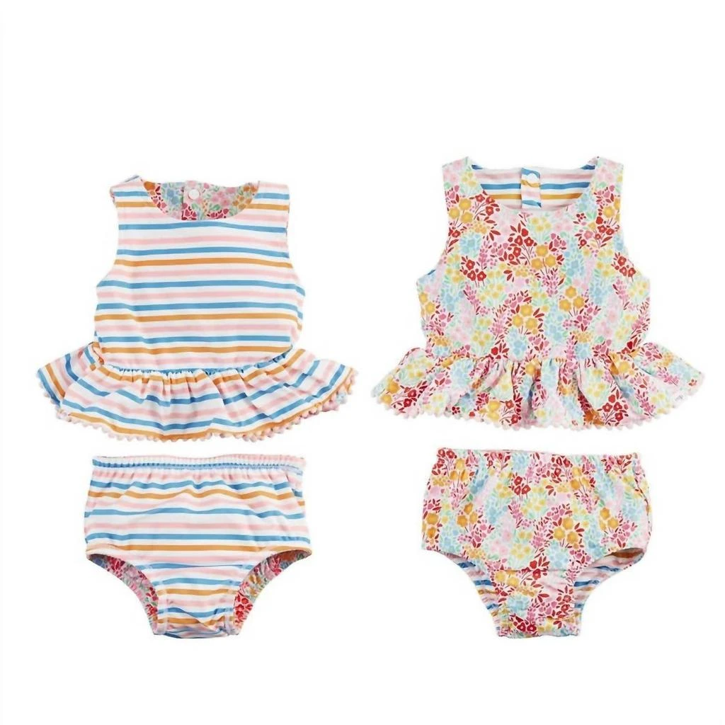 商品mudpie|Baby Girl's Reversible Floral And Stripe Swimsuit Set In Multi,价格¥383,第1张图片