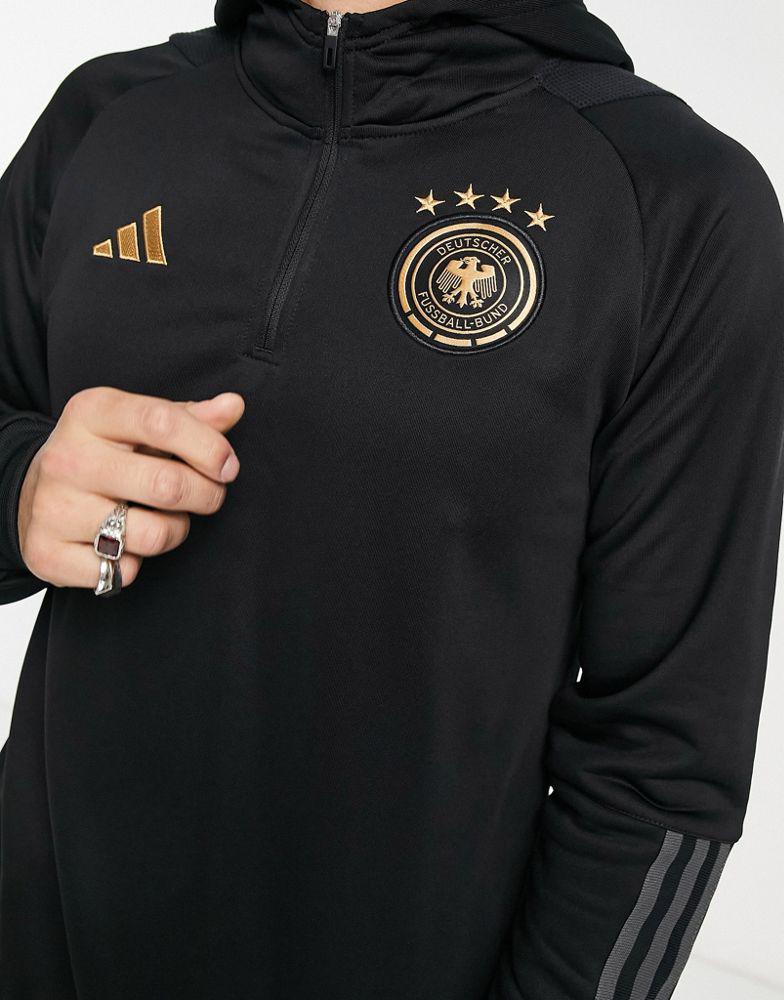 adidas Football Germany World Cup 2022 off-pitch 3 stripe 1/4 zip hoodie in black商品第2张图片规格展示