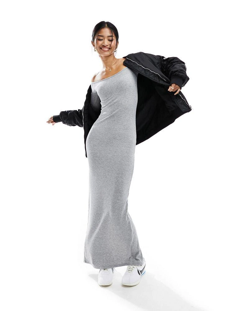 商品Bershka|Bershka off the shoulder long sleeve shaping maxi dress in grey,价格¥213,第1张图片