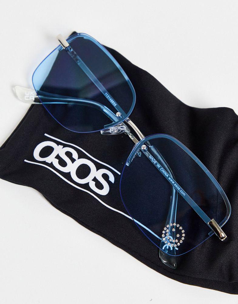 ASOS DESIGN rimless 90s sunglasses with diamante happy face detail in blue商品第4张图片规格展示