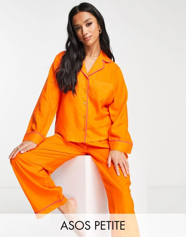 商品ASOS|ASOS DESIGN Petite exclusive modal shirt & trouser pyjama set with contrast piping in orange,价格¥269,第1张图片