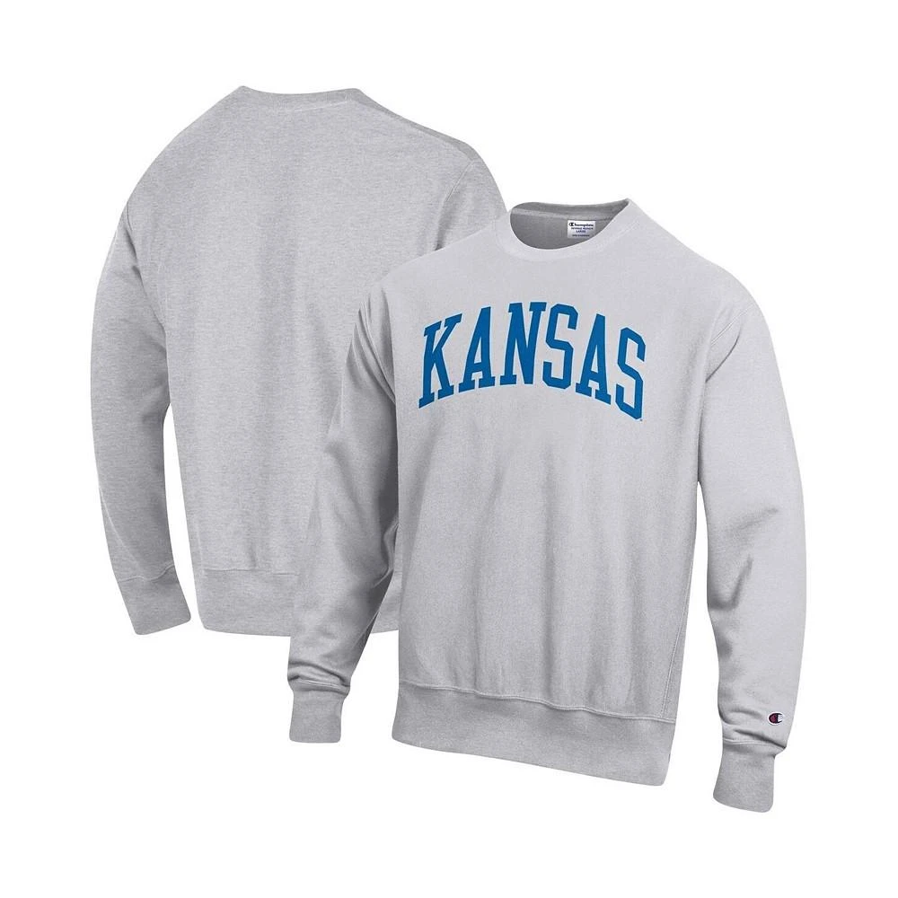 商品CHAMPION|Men's Heathered Gray Kansas Jayhawks Arch Reverse Weave Pullover Sweatshirt,价格¥478,第1张图片