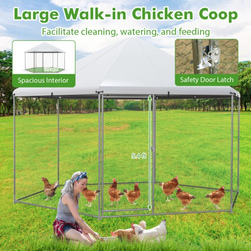 商品Hivvago|13FT Large Metal Hexagonal Chicken Coop with Wire Mesh and Lockable Door,价格¥2093,第5张图片详细描述