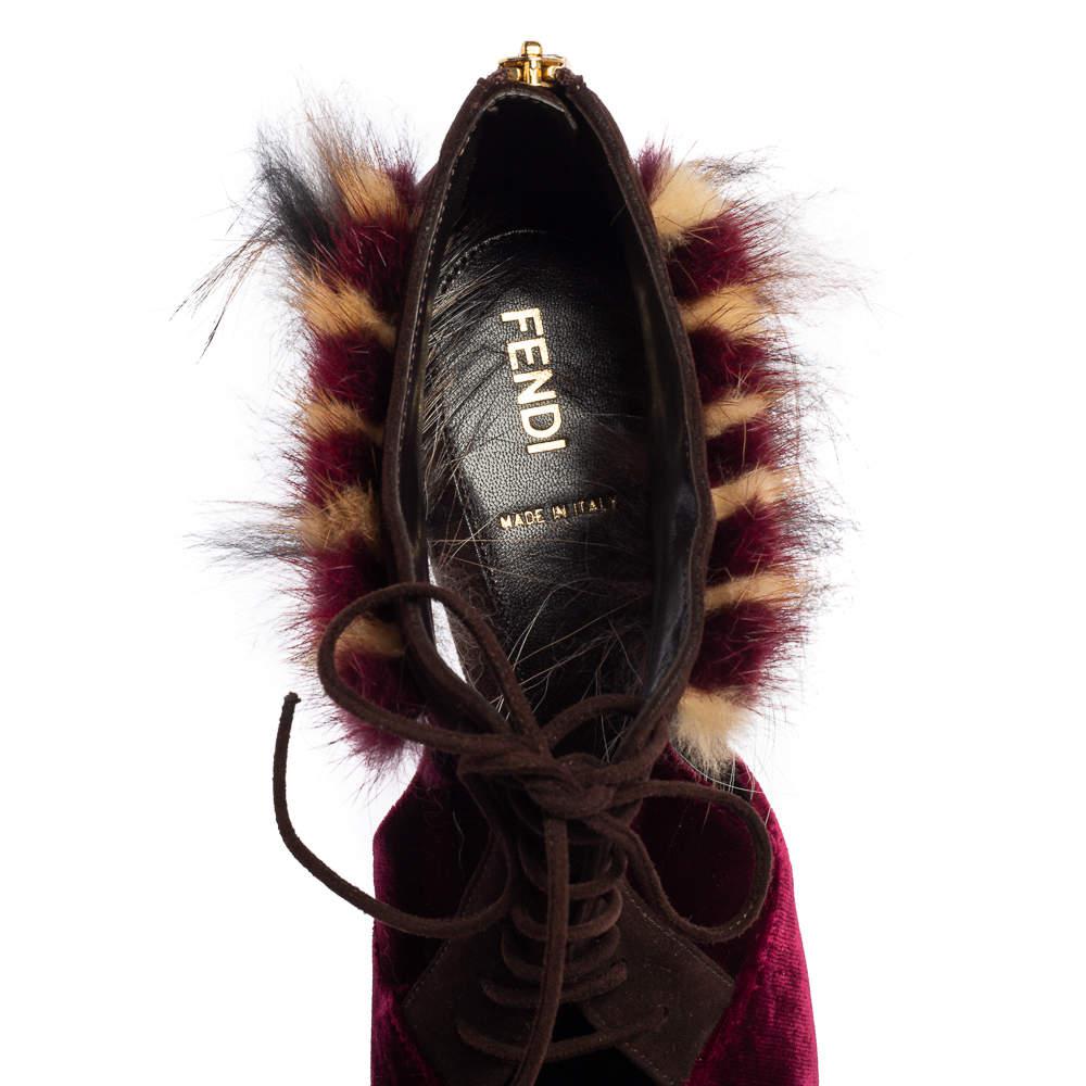Fendi Burgundy/Brown Velvet, Suede and Fur Trim Lace-Up Peep-Toe Ankle Booties Size 40商品第7张图片规格展示