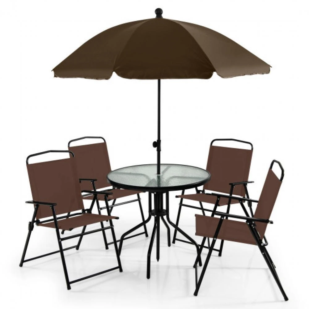 商品Hivvago|6 Pieces Patio Dining Set Folding Chairs Glass Table Tilt Umbrella for Garden-Coffee,价格¥1854,第3张图片详细描述