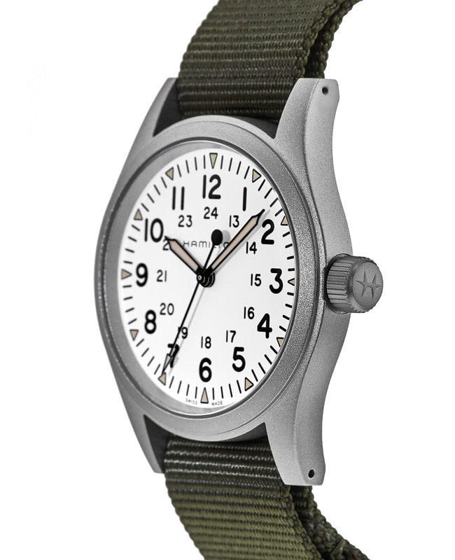 商品Hamilton|Hamilton Khaki Field Mechanical White Dial Green Fabric Strap Men's Watch H69439411,价格¥3315,第5张图片详细描述