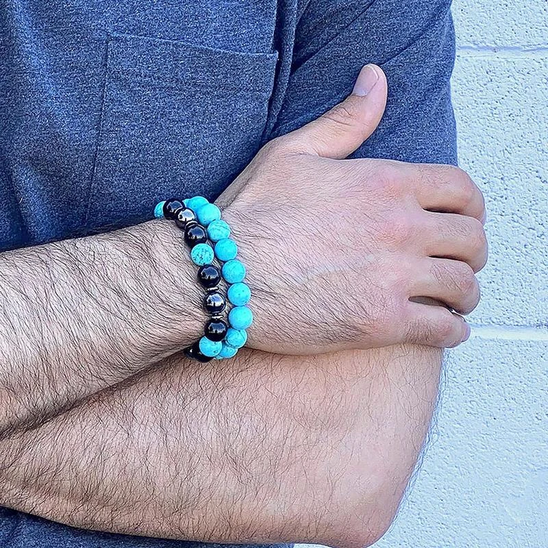 商品Crucible Jewelry|Crucible Los Angeles Polished Turquoise and Black Matte Onyx 10mm Natural Stone Bead Stretch Bracelet,价格¥197,第2张图片详细描述