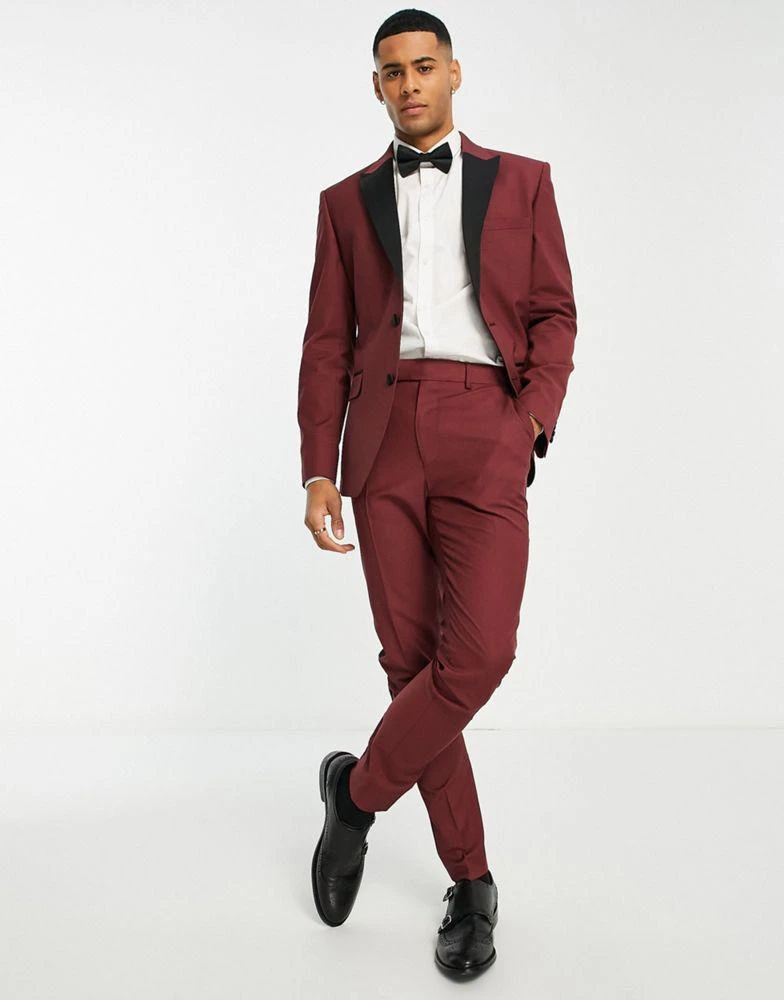 商品ASOS|ASOS DESIGN skinny tuxedo suit jacket in burgundy,价格¥381,第4张图片详细描述