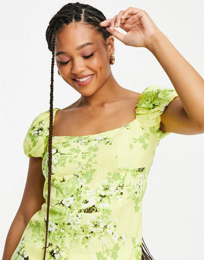 商品ASOS|ASOS DESIGN corset detail cap sleeve midi dress with split in zesty floral print,价格¥204,第3张图片详细描述