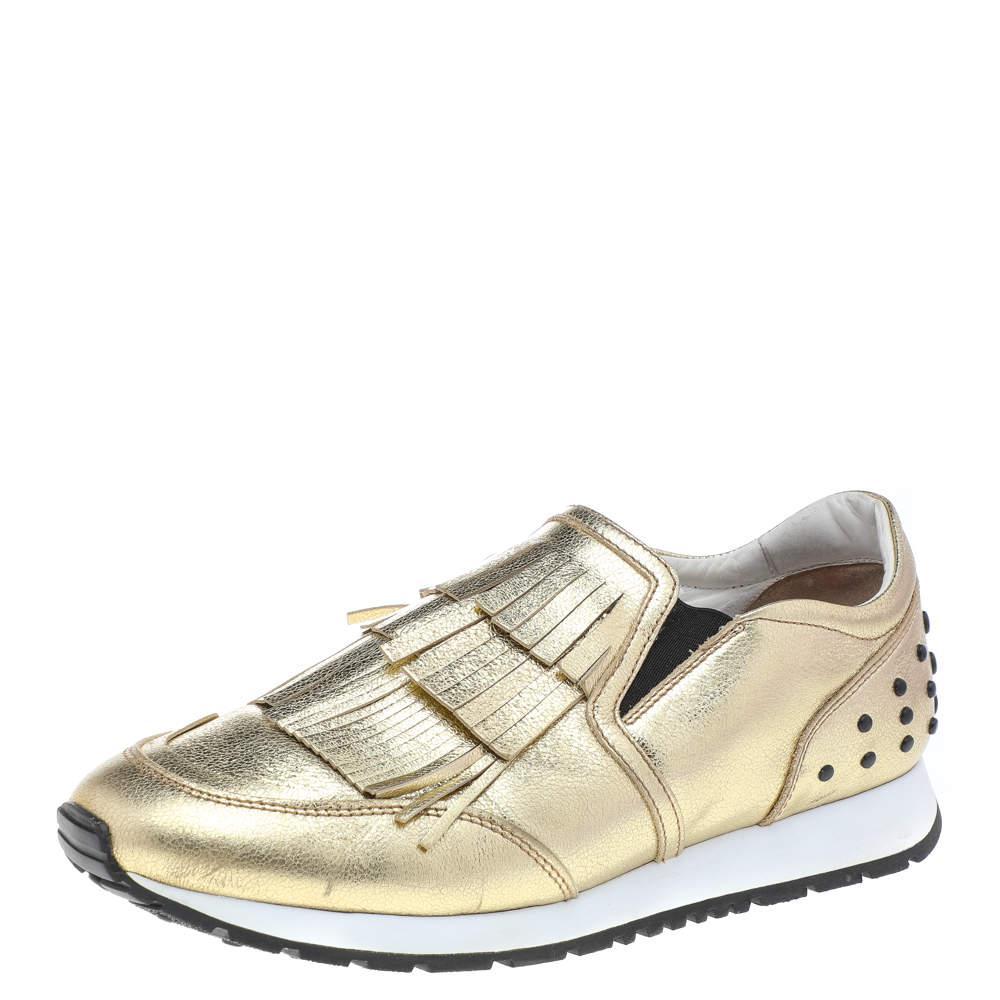 商品[二手商品] Tod's|Tod's Gold Leather Fringe Detail Low Top Sneakers Size 39,价格¥2527,第1张图片