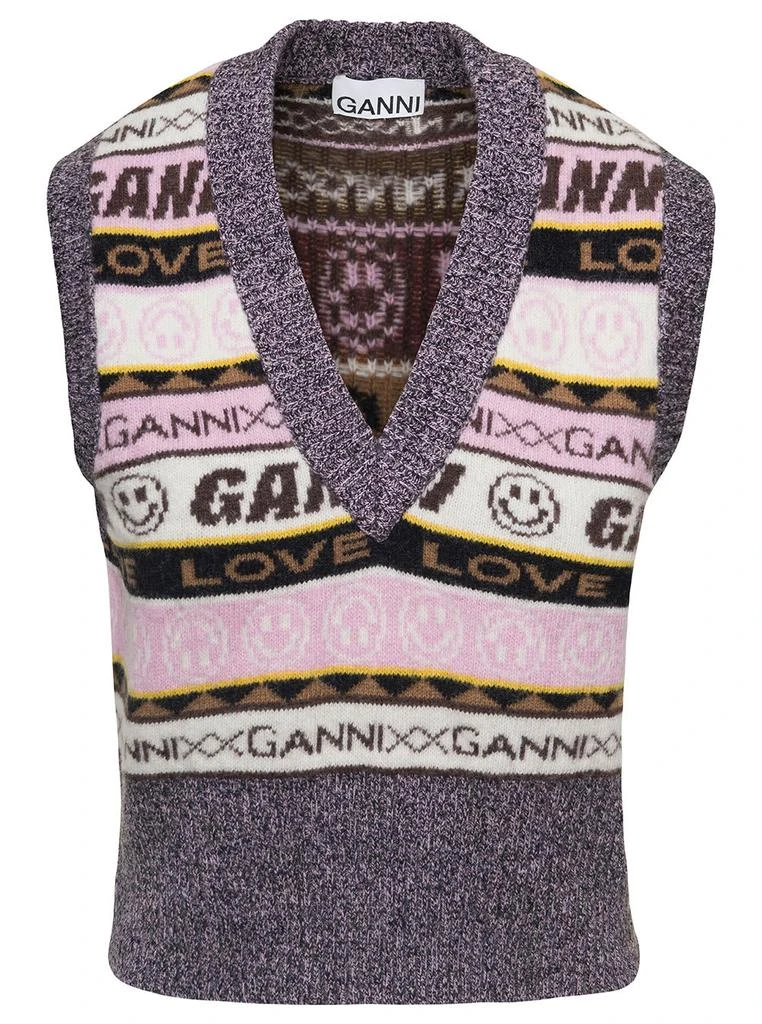 商品Ganni|Ganni Graphic V-neck Vest Multicolor In Wool Blend Woman,价格¥1447,第1张图片