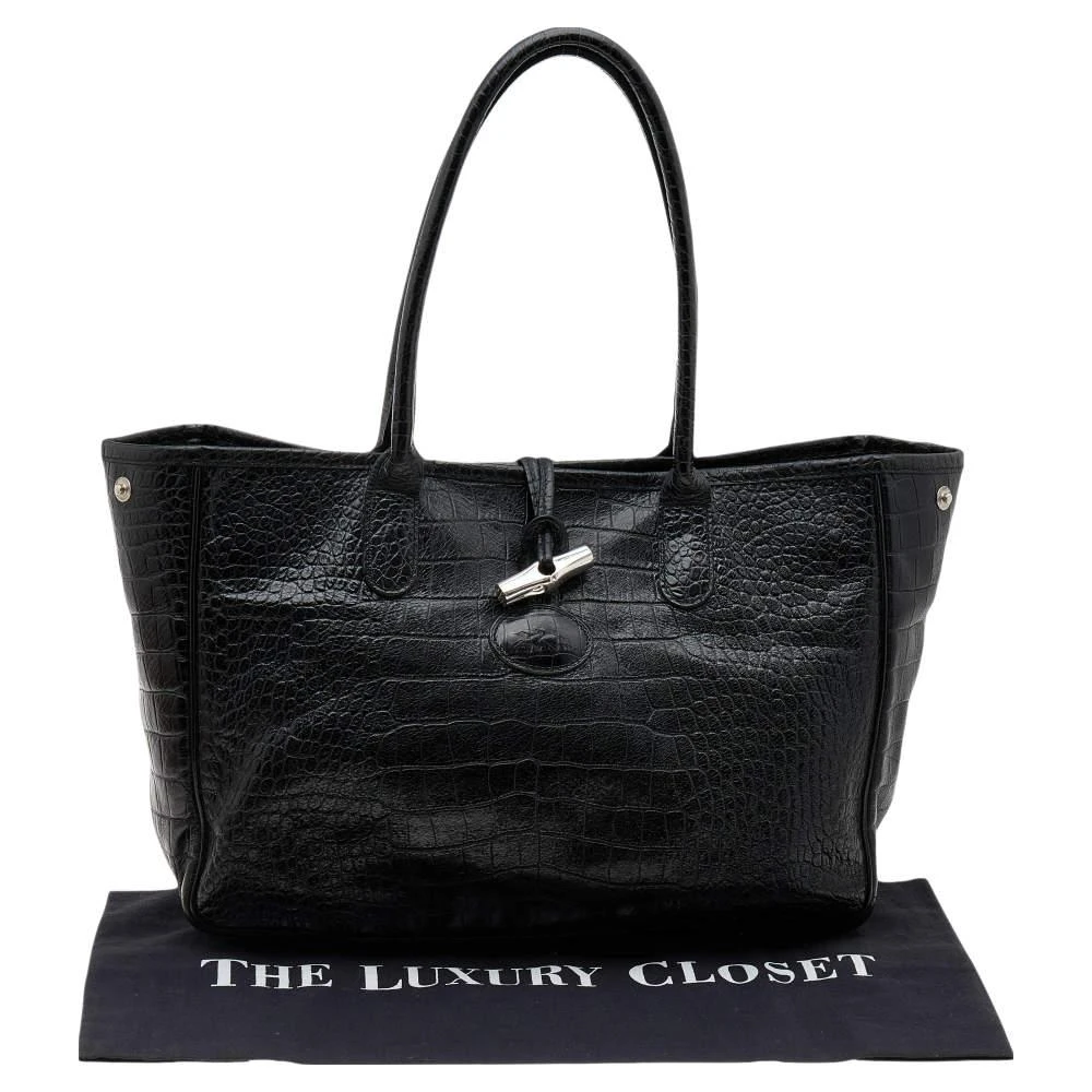 Longchamp Black Glaze Croc Embossed Leather Roseau Tote 商品