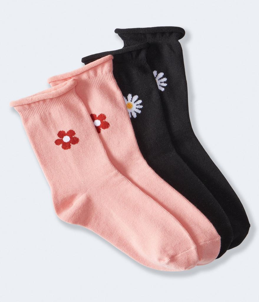 Aeropostale Women's Flower Rolled-Edge Crew Sock 2-Pack商品第1张图片规格展示