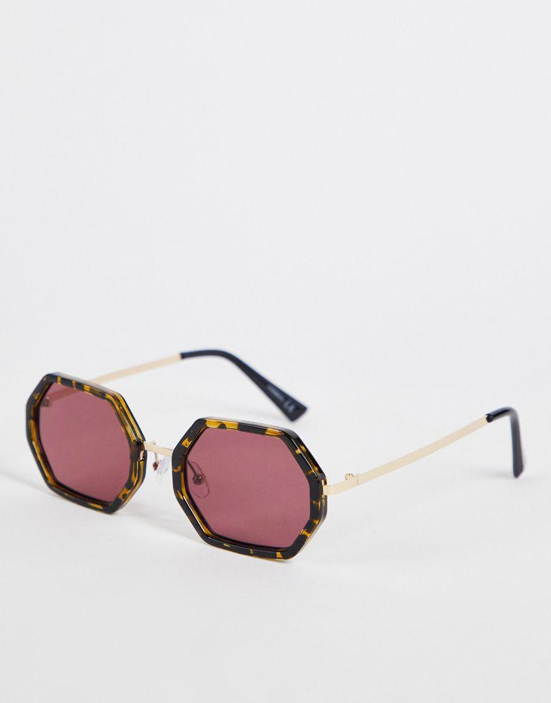 商品ASOS|ASOS DESIGN hexagon sunglasses with purple lens in brown tortoiseshell,价格¥74,第1张图片