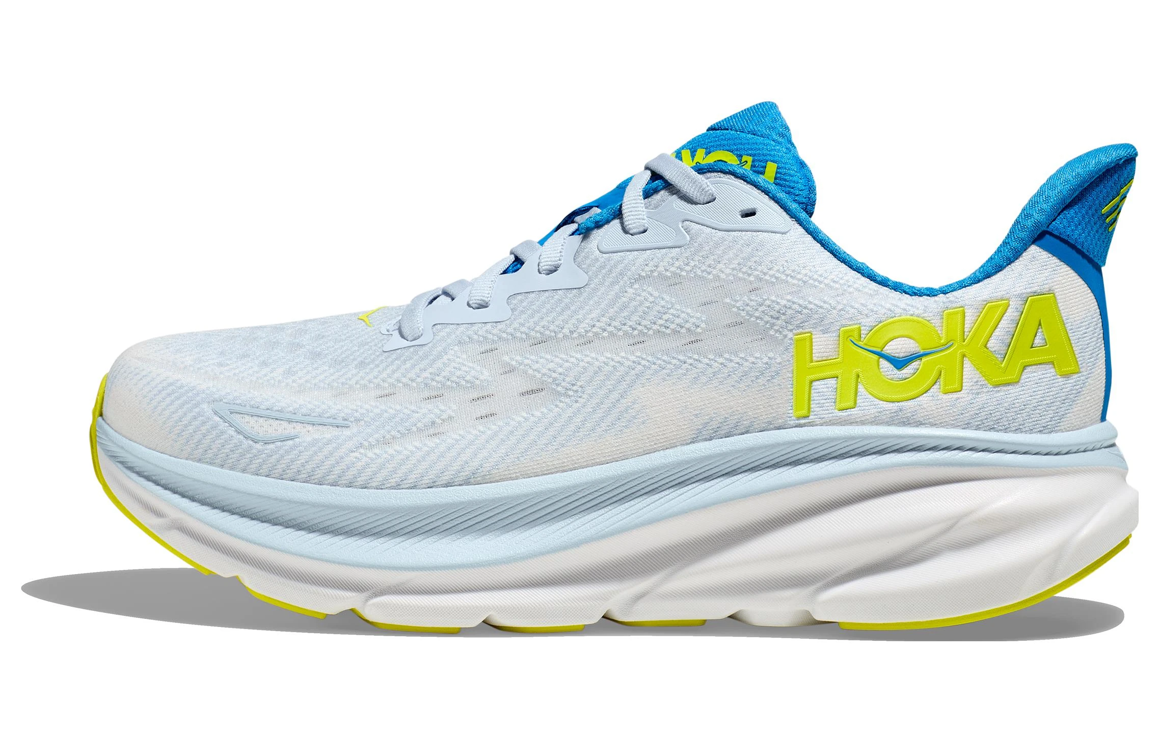 商品[国内直发] Hoka One One|Clifton 9 圆头 系带 织物防滑耐磨 低帮跑步鞋 男款 白蓝黄 宽楦版,价格¥2638,第1张图片
